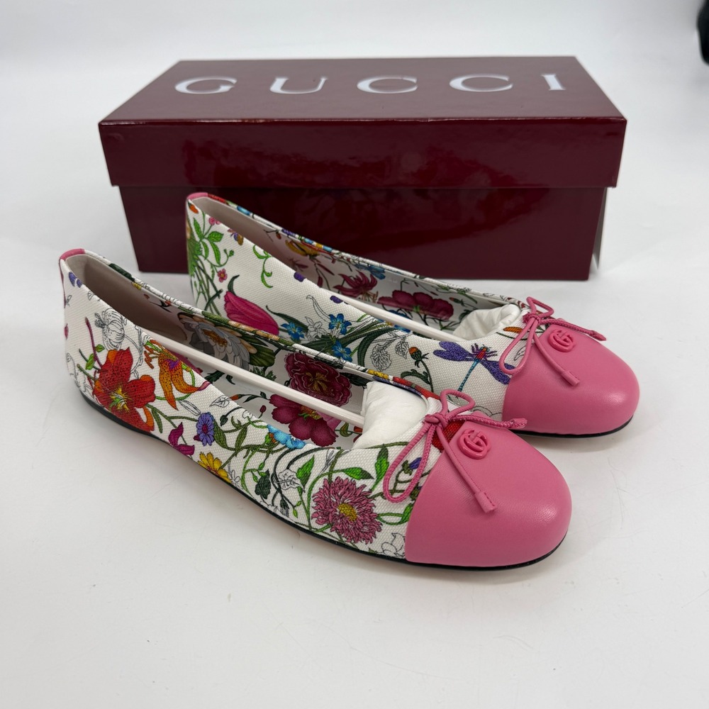 Gucci Flora Faded Print Ballet Flats Pink Cap Toe Bow Shoes IT 40 NIB
